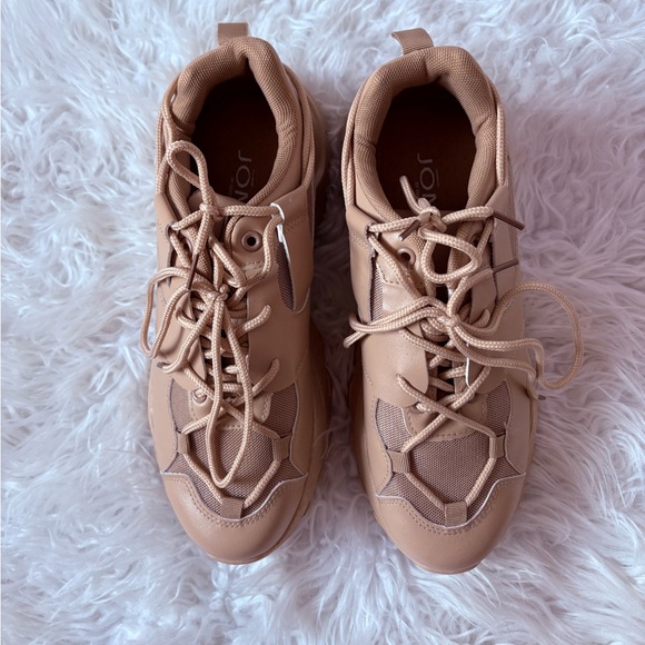 Tan Chunky Sneakers with Rugged Outsole and Deconstructed Design - Picture 2 of 3